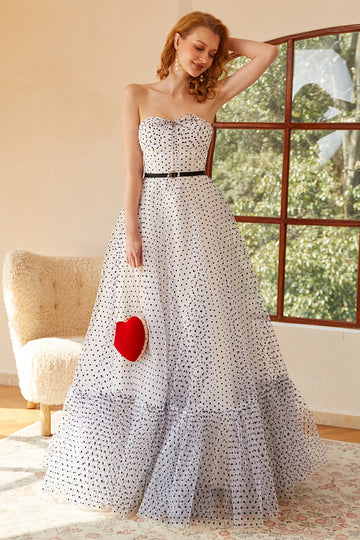 White Polka Dots Long Wedding Guest Dress with Sleeves